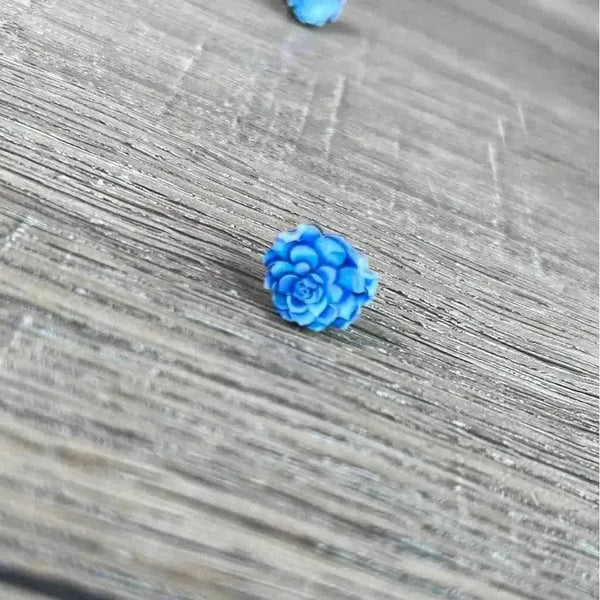 Stud earrings with dark blue succulent design, 15mm diameter, sold in pairs, made in South Africa