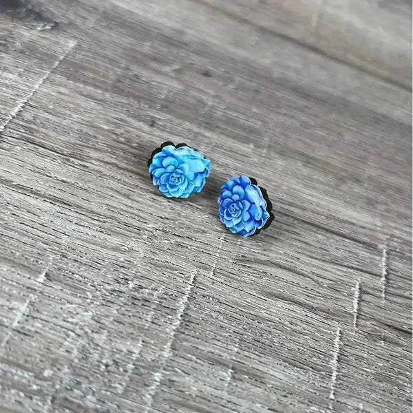 Stud earrings with dark blue succulent design, 15mm diameter, made in South Africa, sold in pairs