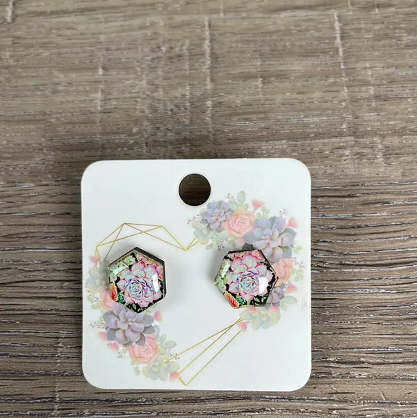 Stud Earrings - Hexagon Pink and White Succulents - Something From Home - South African Shop