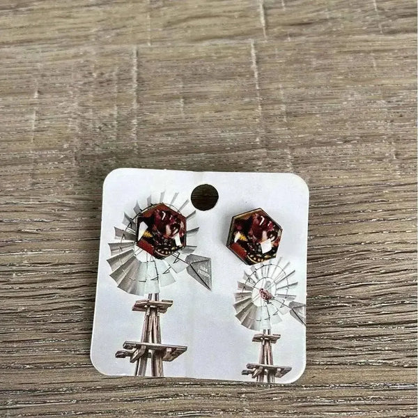 Stud earrings hexagon shape with tiger design 15mm diameter sold in pairs