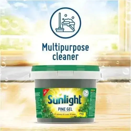 Sunlight Pine Gel Multipurpose Cleaner 1L on wooden surface with text "Multipurpose cleaner."