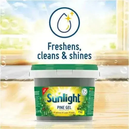 Sunlight Pine Gel Multipurpose Cleaner 1L tub on wooden surface with text "Freshens, cleans & shines."