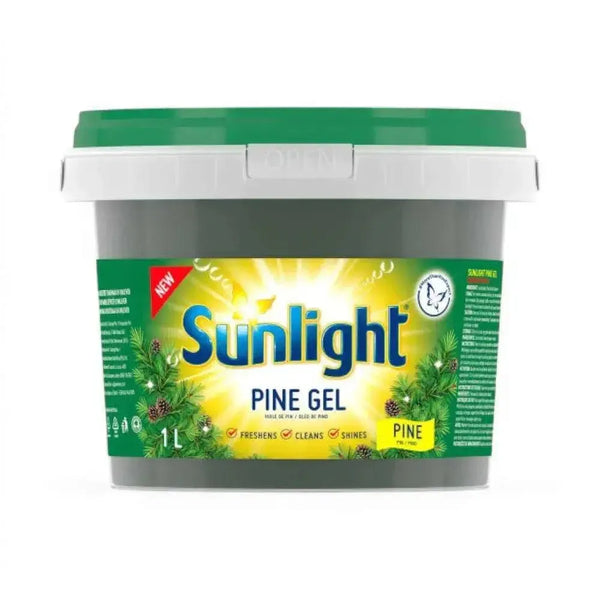 Sunlight Pine Gel Multipurpose Cleaner 1L container with green cap and pine scent, ideal for floors, countertops, and toilets.
