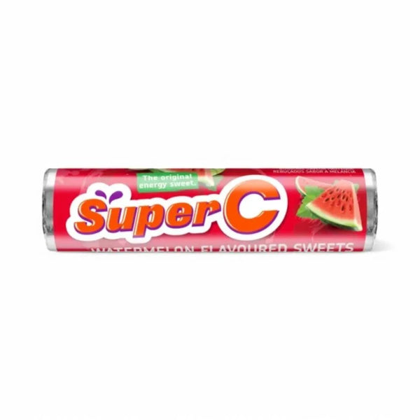 Super C Watermelon flavored sweets, 36g tube, vibrant packaging.