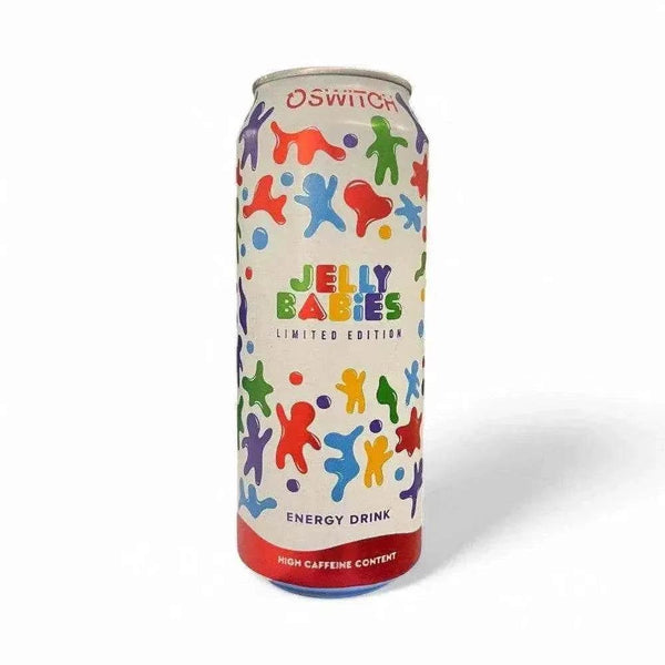 Limited edition Switch Energy Drink Jelly Babies 500ml can with colorful design and high caffeine content.