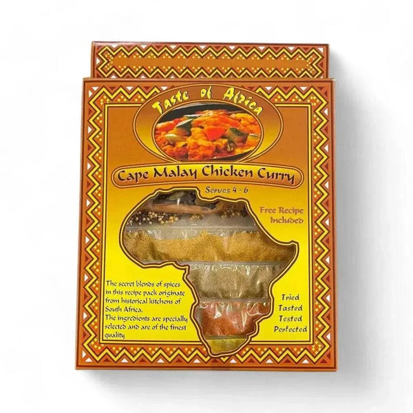 Taste of Africa Cape Malay Chicken Curry spice mix packaging 60g with recipe and ingredients label