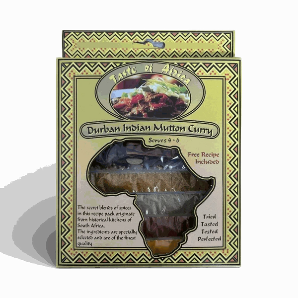 Taste of Africa Durban Indian Mutton Curry 60g package with spices and curry bowl