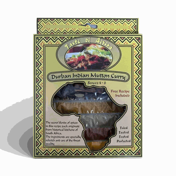 Taste of Africa Durban Indian Mutton Curry 60g package with spices and curry bowl