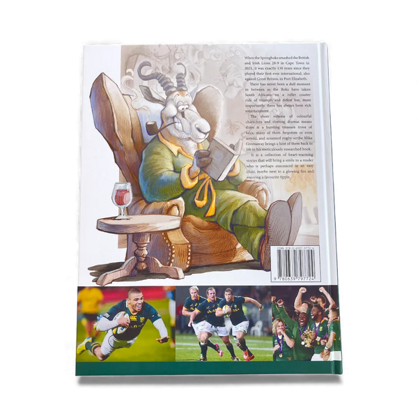 Back cover of The Fireside Springbok book featuring an illustration of a springbok reading by the fireside and rugby action photos below