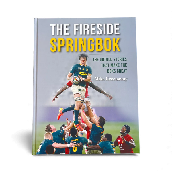 The Fireside Springbok book cover featuring South African rugby players in a lineout, showcasing the untold stories that make the Boks great by Mike Greenaway