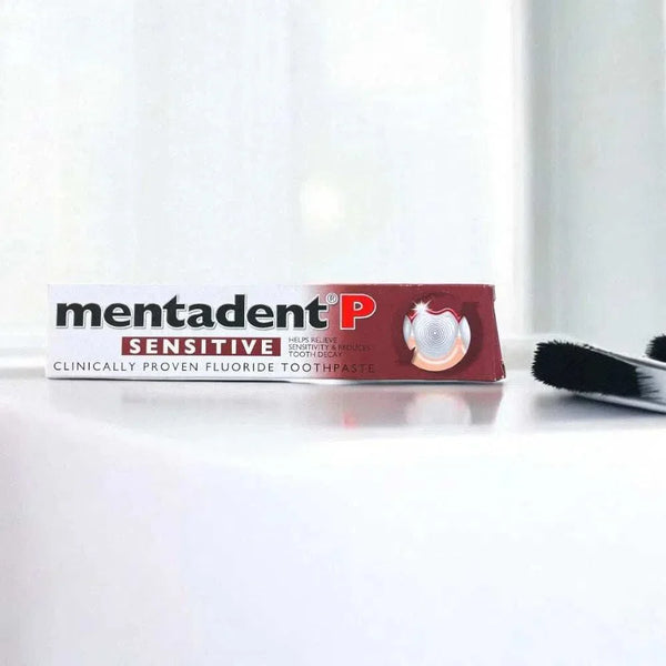 Mentadent P Sensitive Toothpaste 100ml for tooth sensitivity relief and enamel protection.