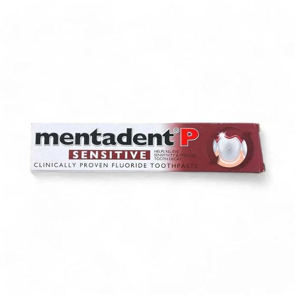 Mentadent P Sensitive Toothpaste 100ml packaging, clinically proven fluoride formula for sensitive teeth relief.