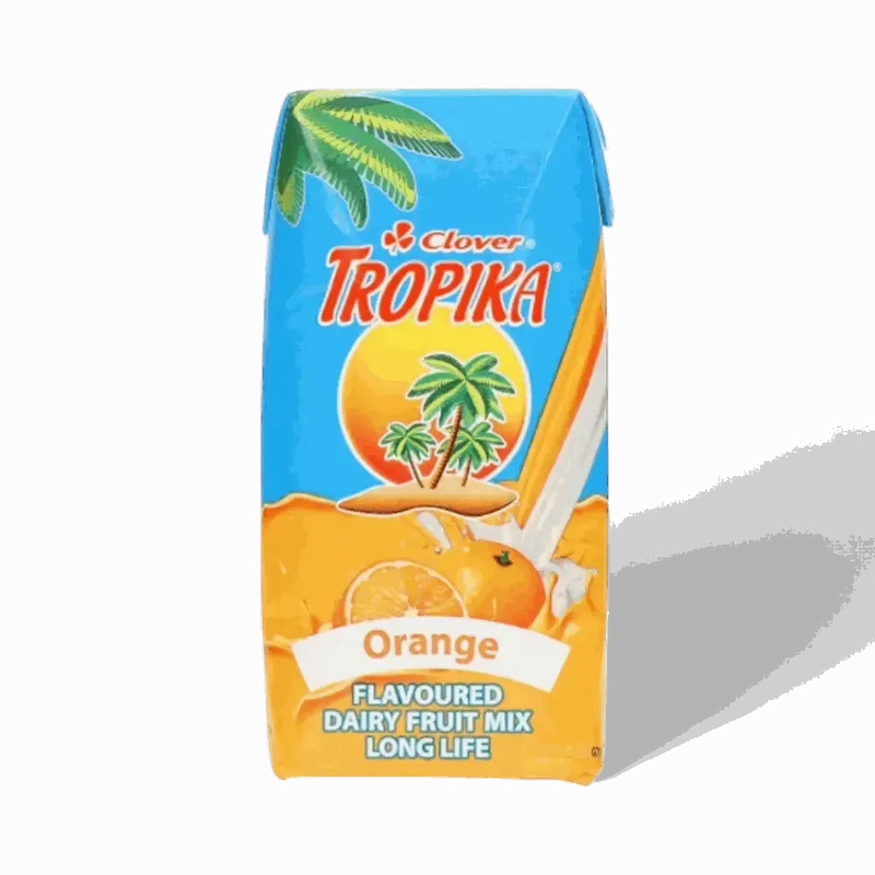 Tropika Orange flavoured dairy fruit mix 200ml carton with tropical design and orange fruit images