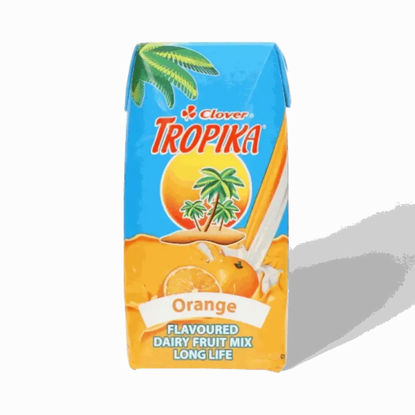 Tropika Orange flavoured dairy fruit mix 200ml carton with tropical design and orange fruit images