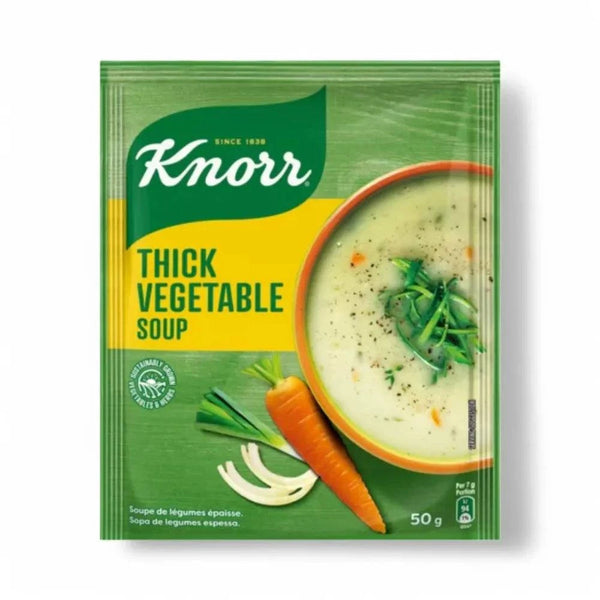 Knorr Soup Thick Vegetable Soup 50g packet with vegetables illustrated.