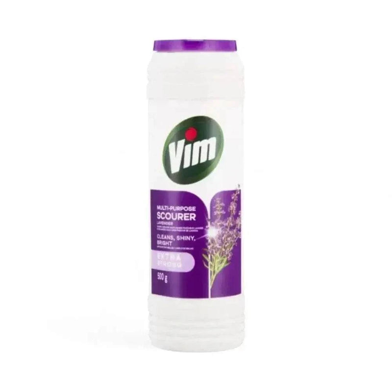 Vim Multi-Purpose Scourer 500g with lavender scent, powerful cleaning powder for grease and stains.