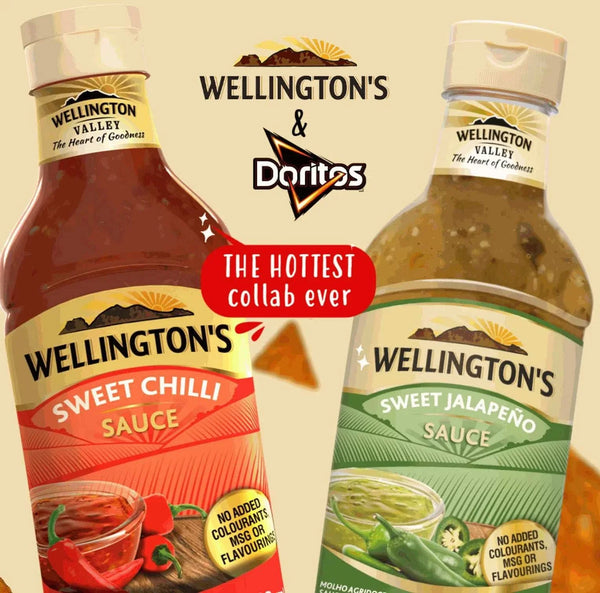 Wellington Sauce Jalapeno 700ml bottle with label showcasing "Sweet Jalapeno Sauce," part of a collaboration with Doritos, highlighting no added colors or flavors.