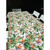 White tablecloth with watercolor strelitzia design for elegant dining