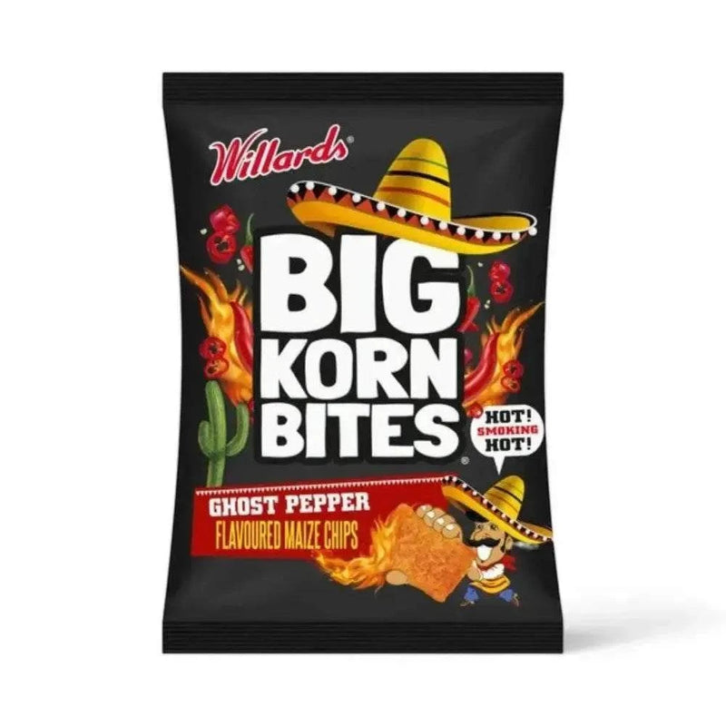 Willards Big Korn Bites Ghost Pepper maize chips, 120g spicy snack pack.