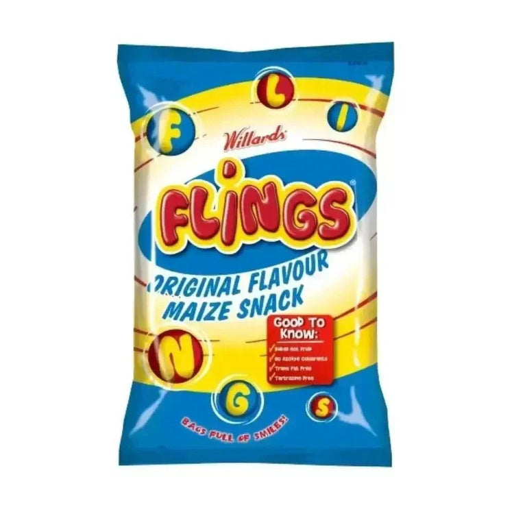 Willards Flings 150g packet of bite-sized, fluffy, flavorful maize snacks for sharing and snacking