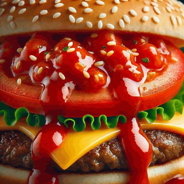 Wimpy Burger Relish Sauce 500ml on a juicy burger with cheese, lettuce, and tomato.