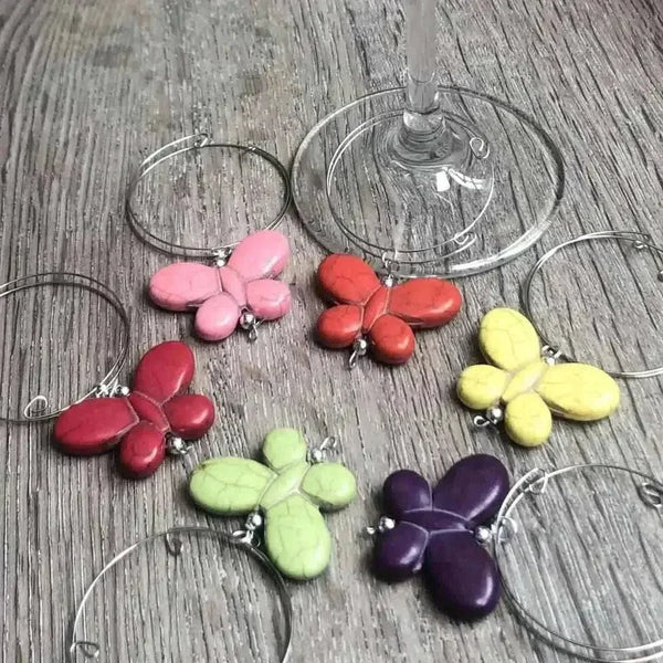 Set of 6 colorful butterfly wine glass charms with 4cm rings