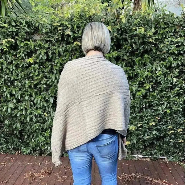 Light brown knitted Winter Poncho with round neck by Cotton Road