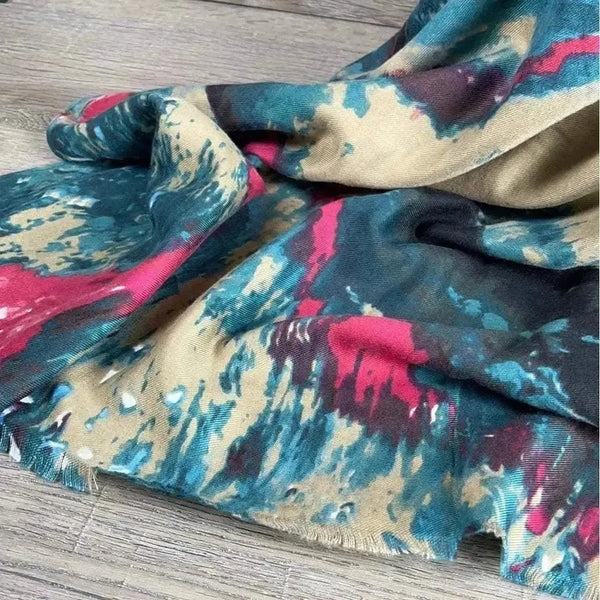 Pink and green winter scarf from Cotton Road, soft cotton fabric, 80cm x 175cm