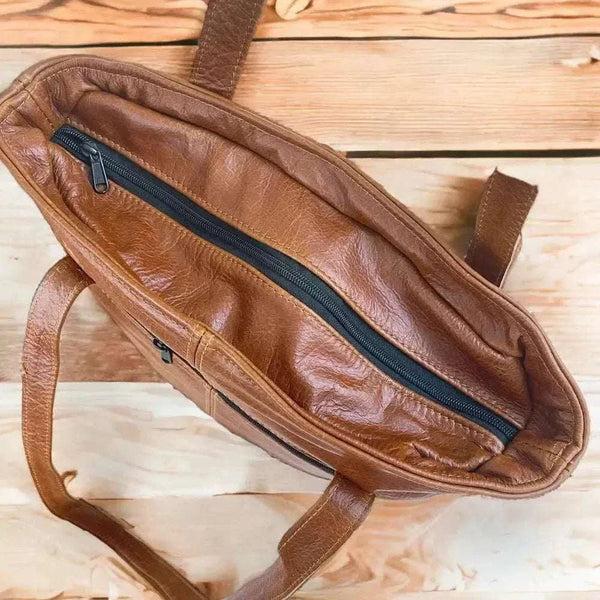Woesmooi Genuine Leather Shopping Bag light brown durable stylish carrying errands