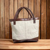 Woesmooi Shopper Bag with genuine leather inserts and "Net vir mooi mense" motto in canvas and leather details