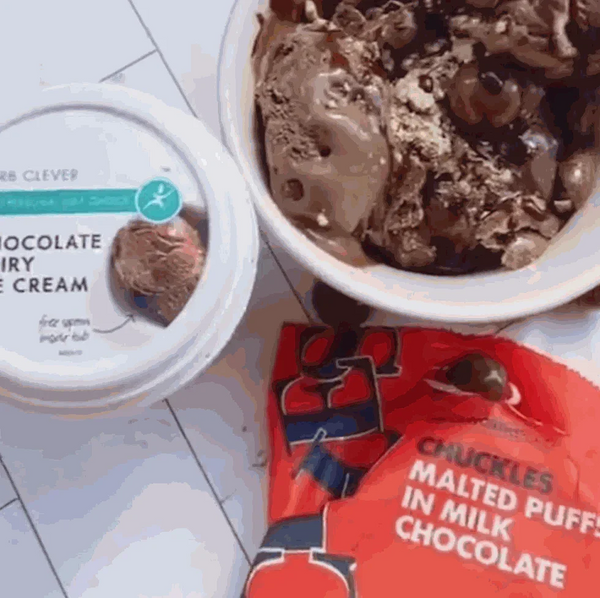 Woolworths CHUCKLES® Chocolate & Malted Puffs 250g next to chocolate ice cream in a bowl.
