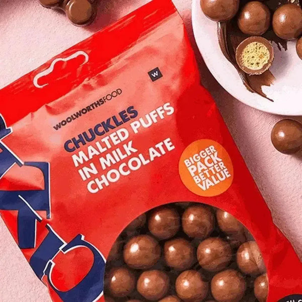 Woolworths CHUCKLES® Chocolate & Malted Puffs 250g package with milk chocolate-coated malt puffs.