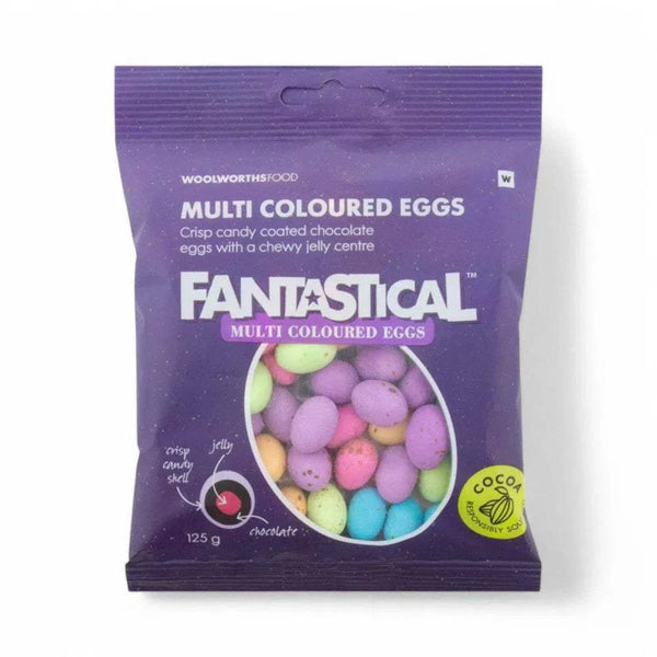 Woolworths Fantastical Coloured Eggs - 125g, candy-coated chocolate eggs with jelly center.