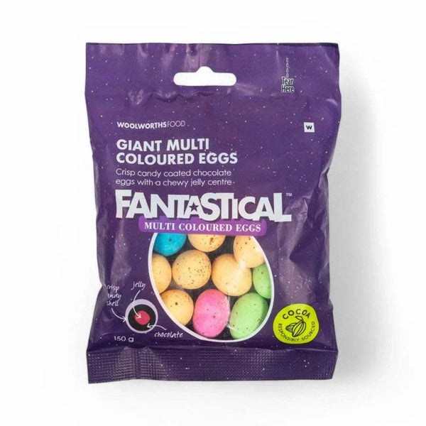 Woolworths Fantastical Coloured Eggs Giant - 150g packaging featuring vibrant multi-colored candy-coated chocolate eggs.