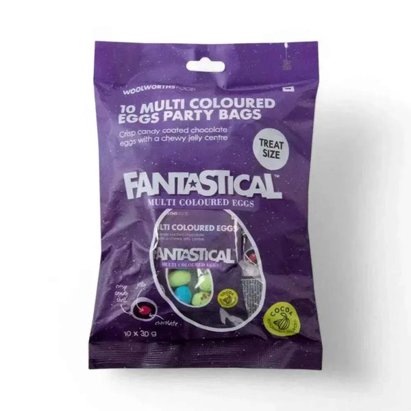 Woolworths Fantastical multicoloured candy-coated chocolate eggs party pack with chewy jelly centre, 10x30g bags