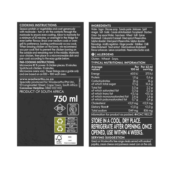Woolworths Smokey BBQ Braai Marinade 750ml bottle with rich smoky South African braai flavor