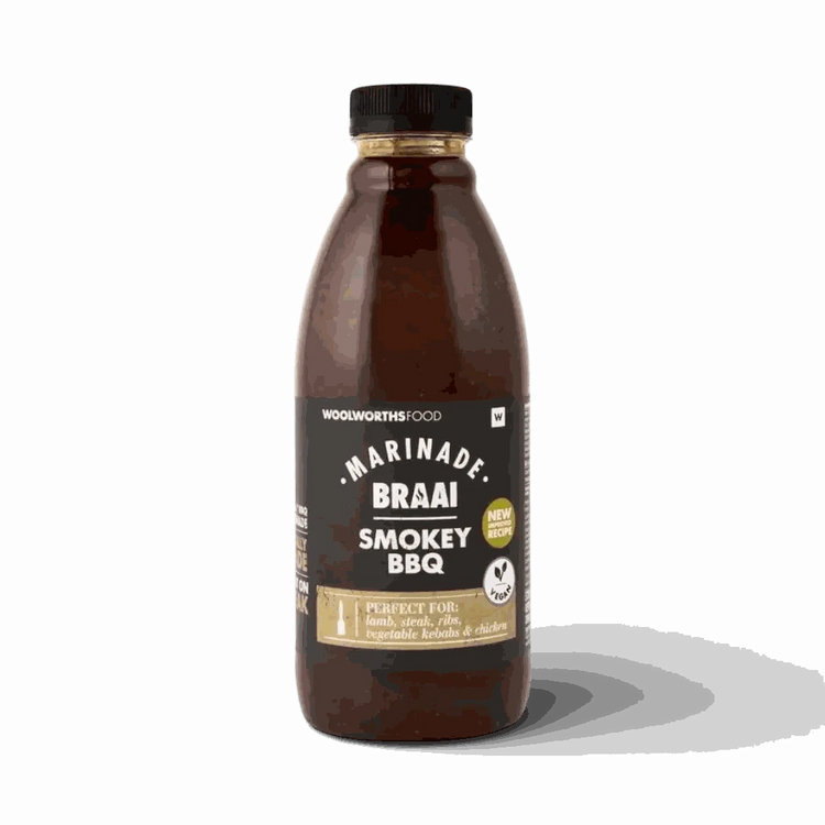 Woolworths Smokey BBQ Braai Marinade 750ml bottle with rich smoky South African braai flavor