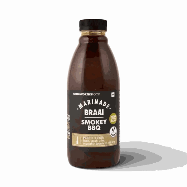 Woolworths Smokey BBQ Braai Marinade 750ml bottle with rich smoky South African braai flavor