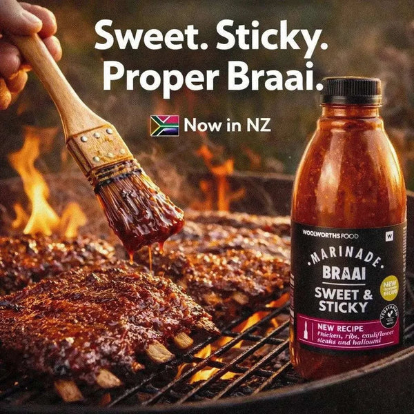 Woolworths Sweet & Sticky Braai Marinade 750ml bottle for South African-style braai cooking