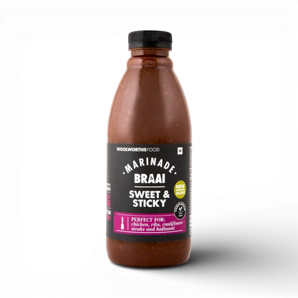 750ml bottle of Woolworths Sweet & Sticky Braai Marinade for grilling and roasting