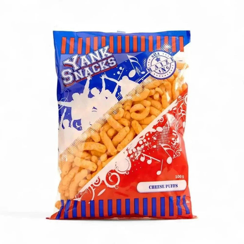 Yank Snacks Maize Puffs Cheese 100g bag with cheesy maize puffs packaging design.