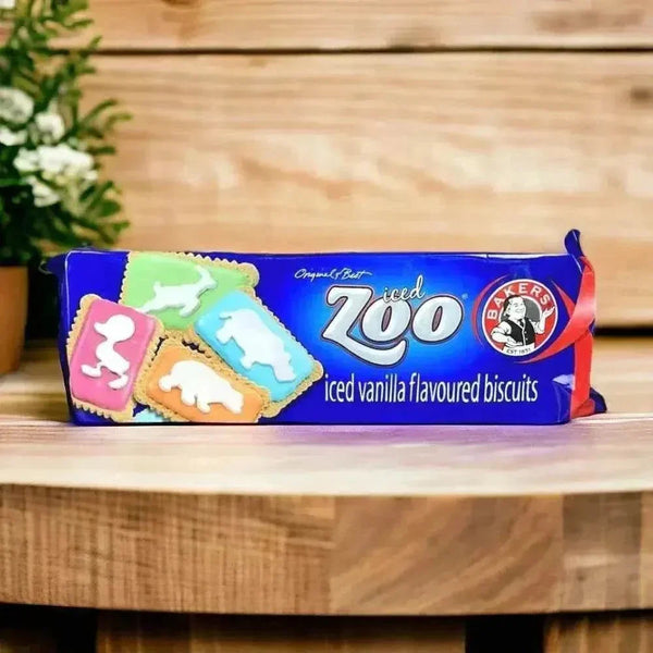 Bakers Iced Zoo Biscuits 150g with colorful iced animal shapes, fun party snack