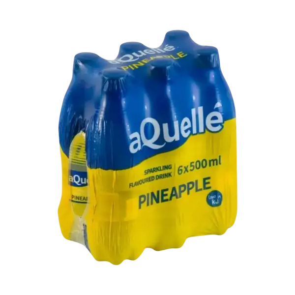 aQuellé Pineapple Flavoured Sparkling Water six-pack of 500ml bottles angled view