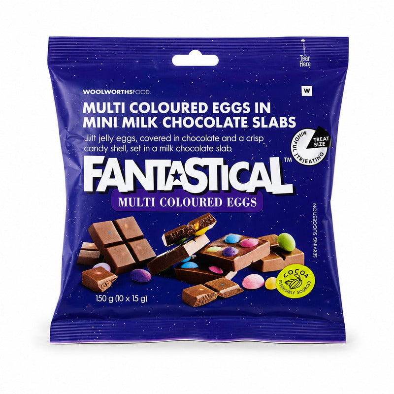 Woolworths Fantastical Multi-Coloured Eggs in Mini Milk Chocolate Slabs 150g pouch