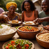 Traditional black South African cooking staples including maize meal, samp, beans, and indigenous greens
