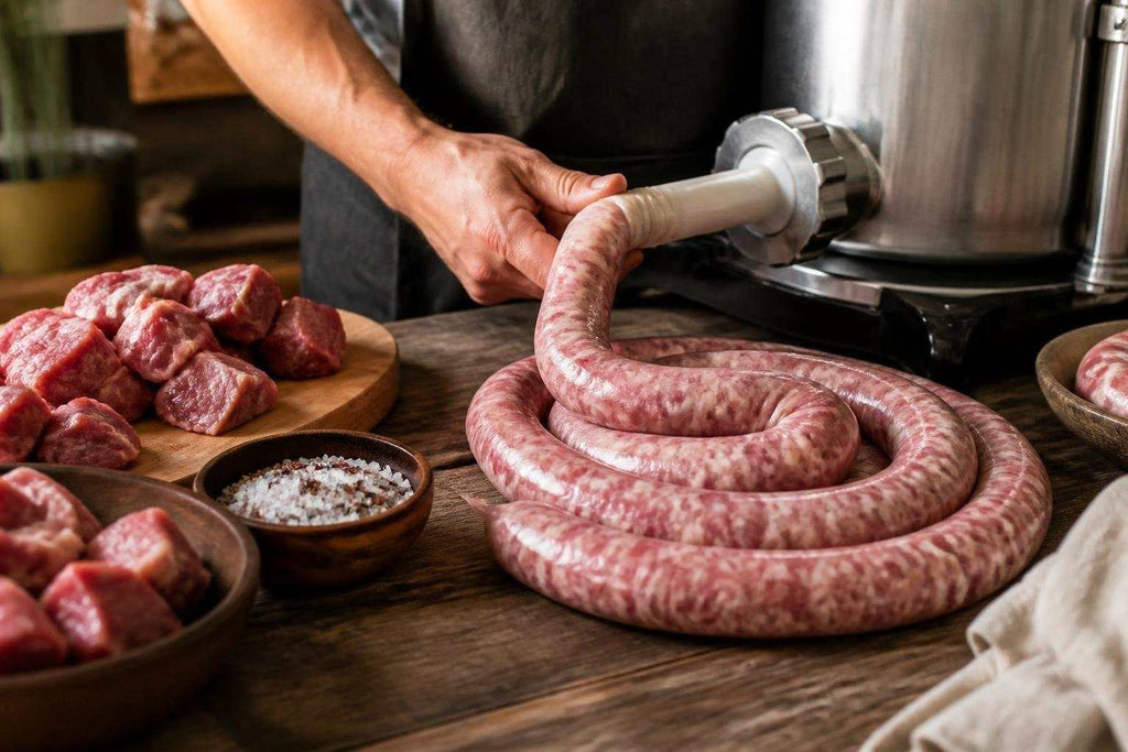 sausage making equipment including meat grinder and sausage stuffer in New Zealand setup