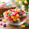 Jelly bean manufacturing process showing stages of coating and polishing colorful jelly beans