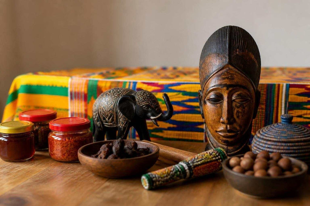 Traditional African souvenirs including wooden carvings, beaded jewelry, textiles, and South African food items representing cultural heritage and connection beyond trinkets