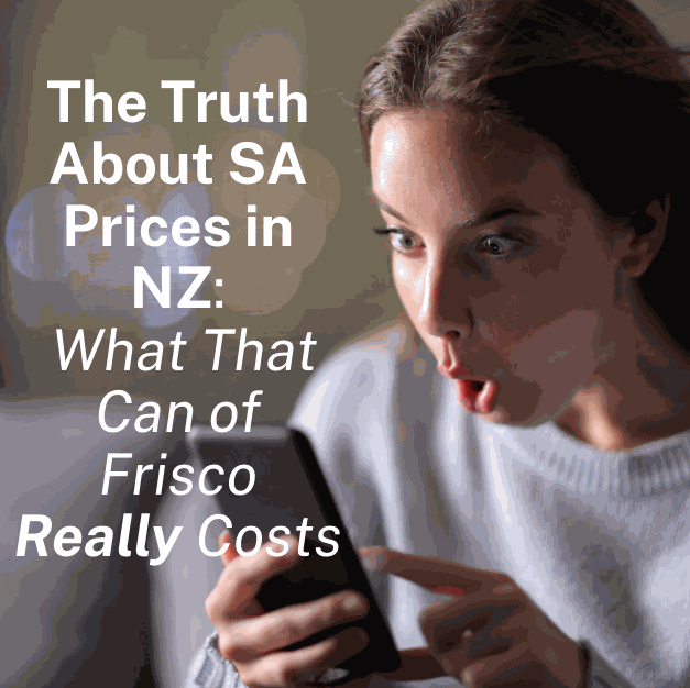 Infographic showing detailed cost breakdown of SA Frisco coffee prices in NZ with import duties, shipping, and handling fees explaining price differences