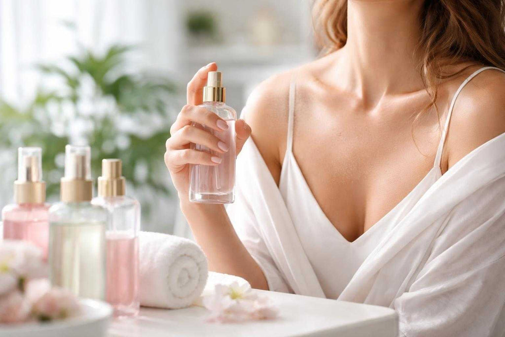 Diagram illustrating body mist formulation components including fragrance oils, water base, alcohol, moisturizing agents, and preservatives